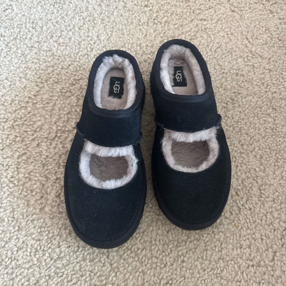 UGG Kids Black Suede Mary Jane Slippers with Cream Shearling Trim